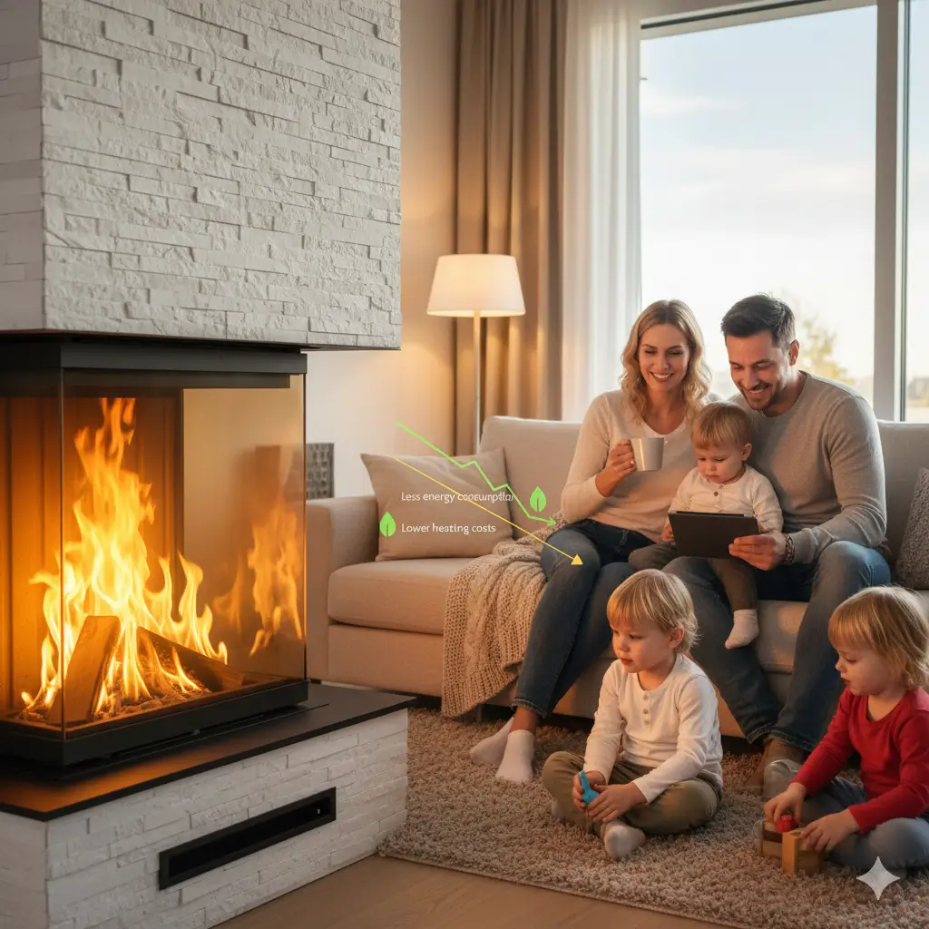 Family enjoying warmth from an energy-efficient fireplace insert