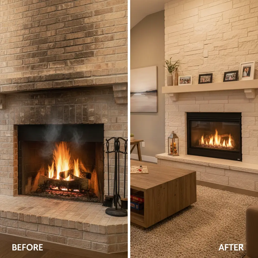 Fireplace before and after installing a modern fireplace insert
