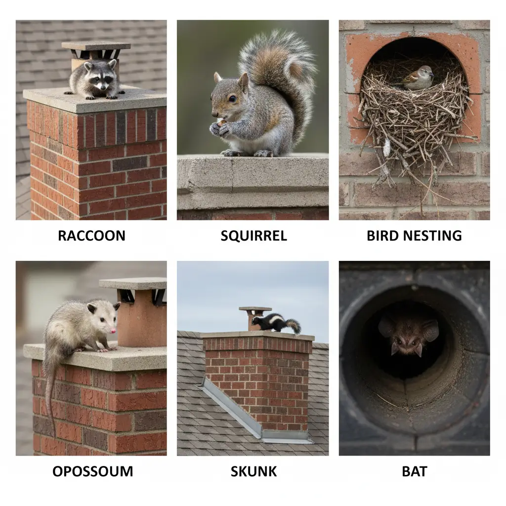 Collage showing raccoon, squirrel, bird nest, opossum and skunk found in chimneys