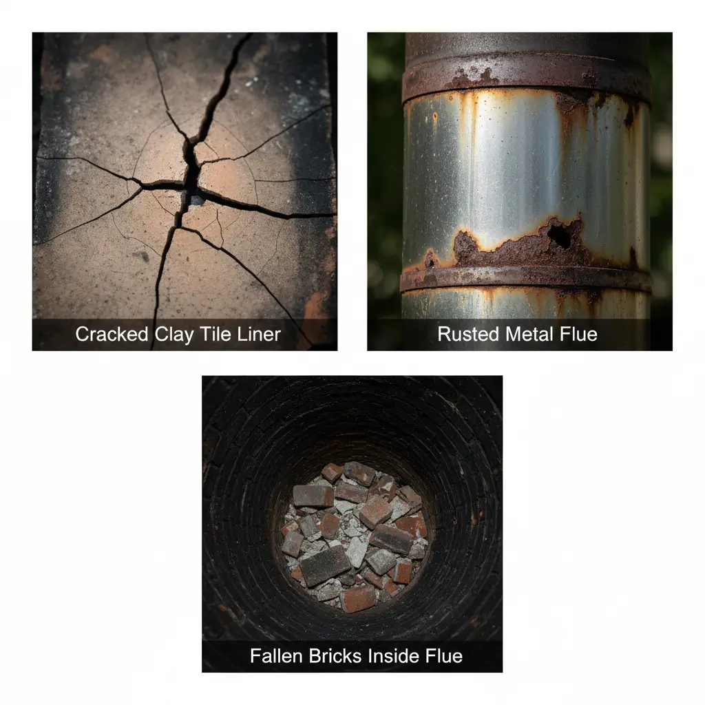 Montage of cracked and rusted chimney liner problems requiring relining