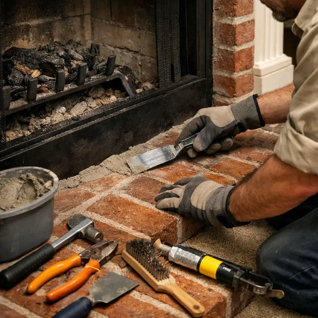 Close-up fireplace repair work in Dallas Texas