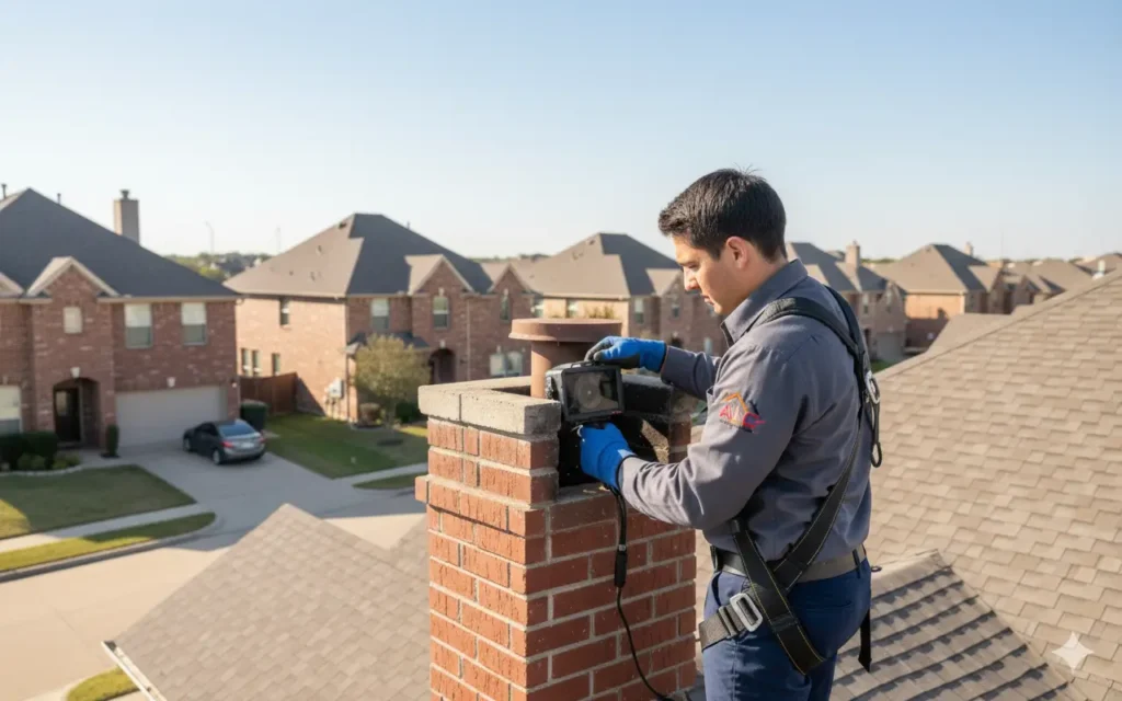 ALC Chimney Service technician performing chimney inspection in Dallas Texas