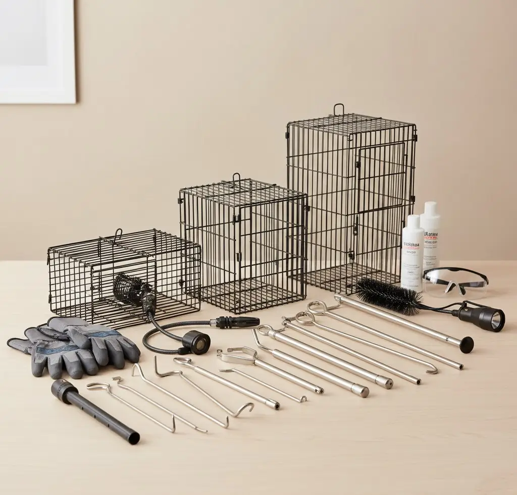 Humane animal removal tools used for chimney wildlife extraction