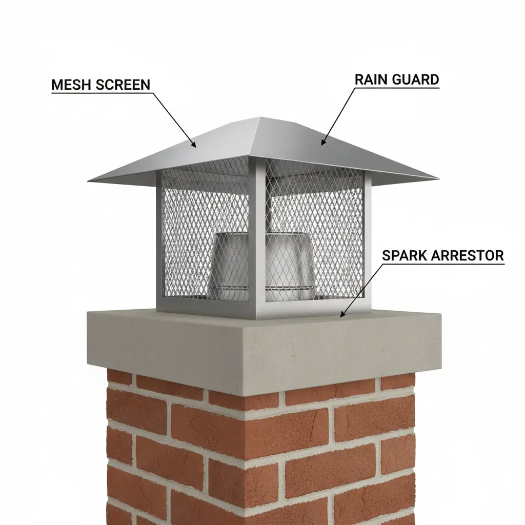 Infographic showing chimney cap components like mesh screen and rain guard