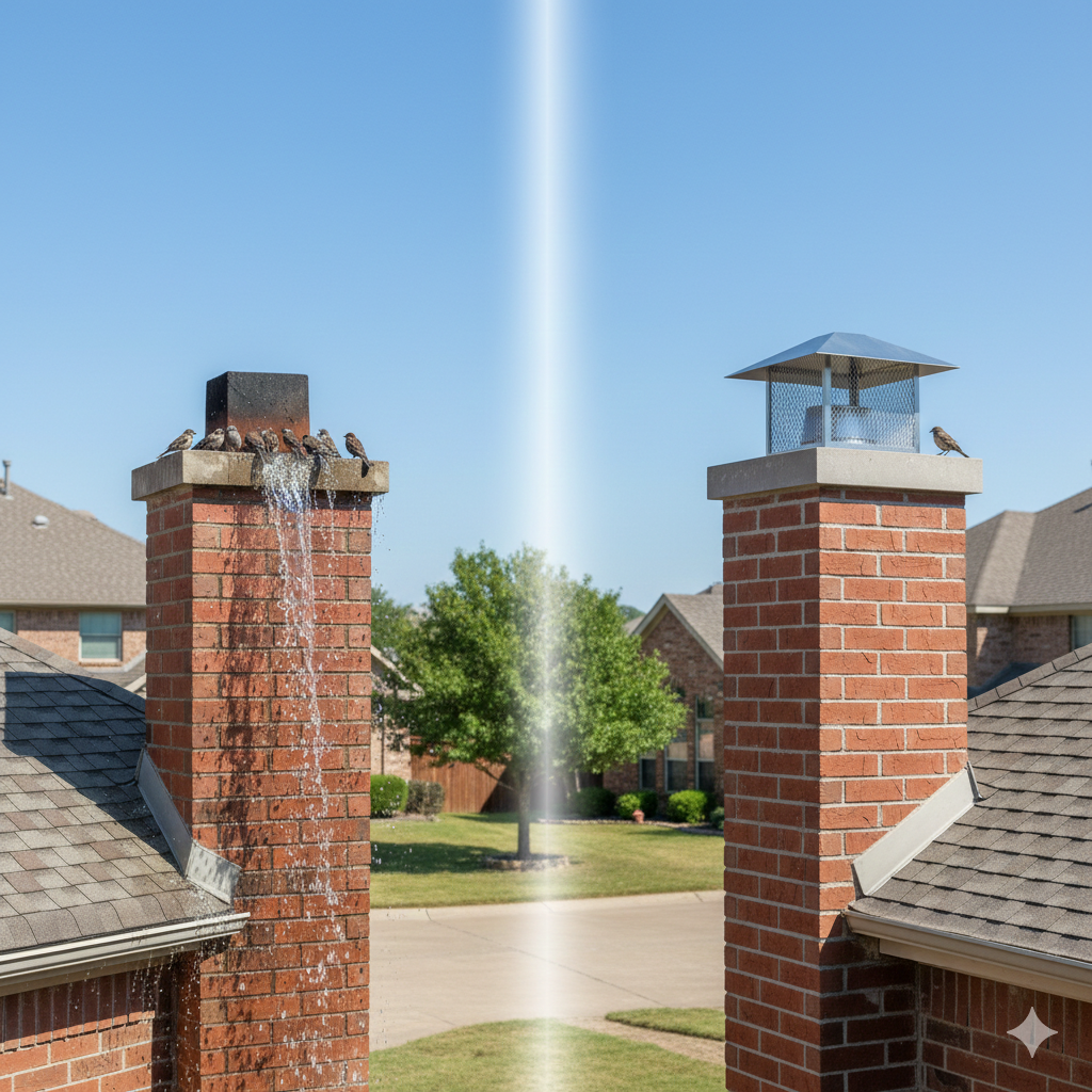 Comparison of chimney without cap vs with cap protecting from rain and animals