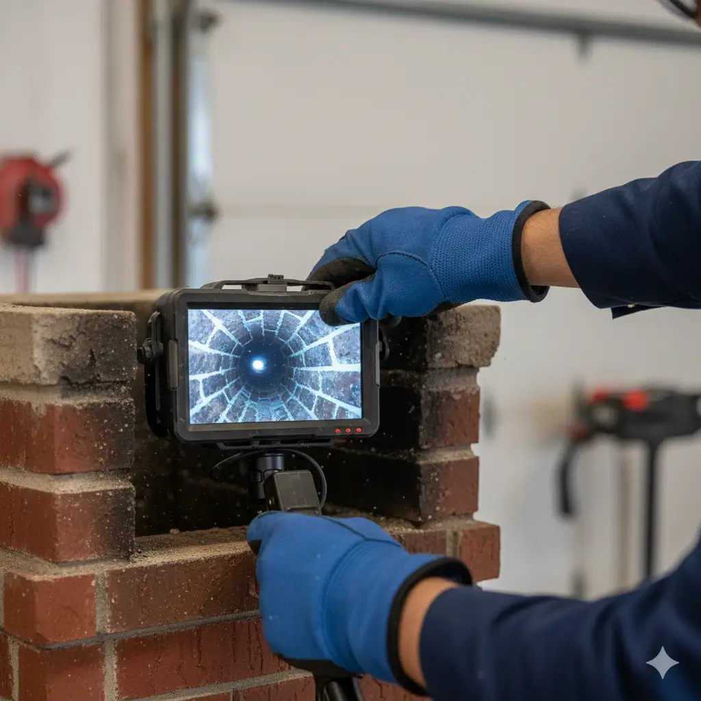 Technician using chimney inspection camera inside flue for detailed safety check