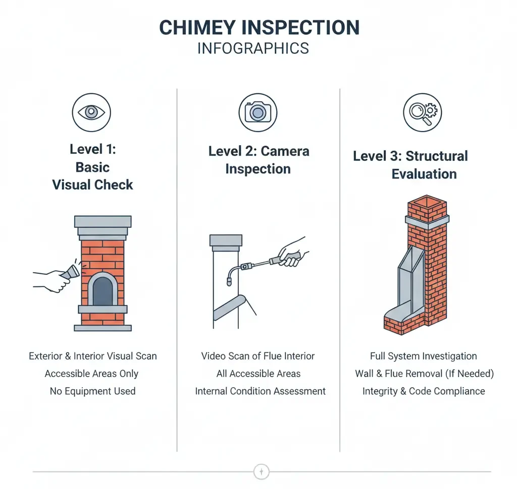 Infographic explaining Level 1 Level 2 and Level 3 chimney inspections