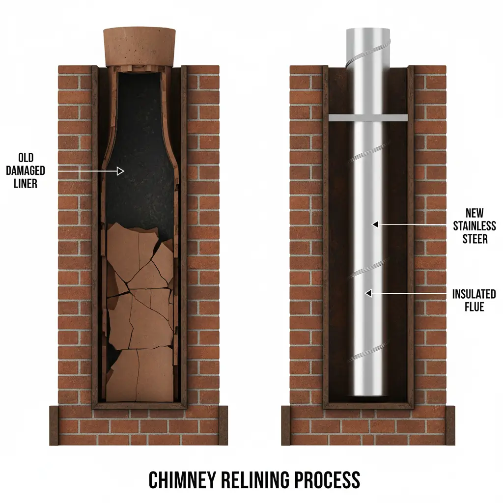 Infographic showing chimney relining installation with old liner and new liner inside flue