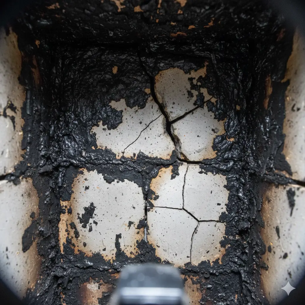 Creosote buildup and cracked flue liner inside chimney requiring inspection