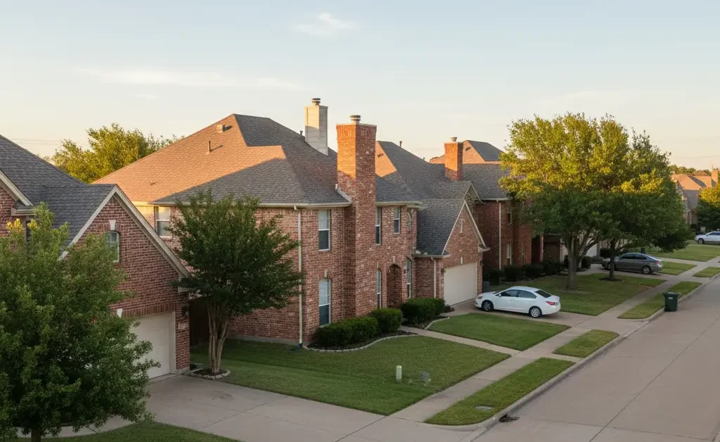 Residential homes in Dallas Texas with visible brick chimneys