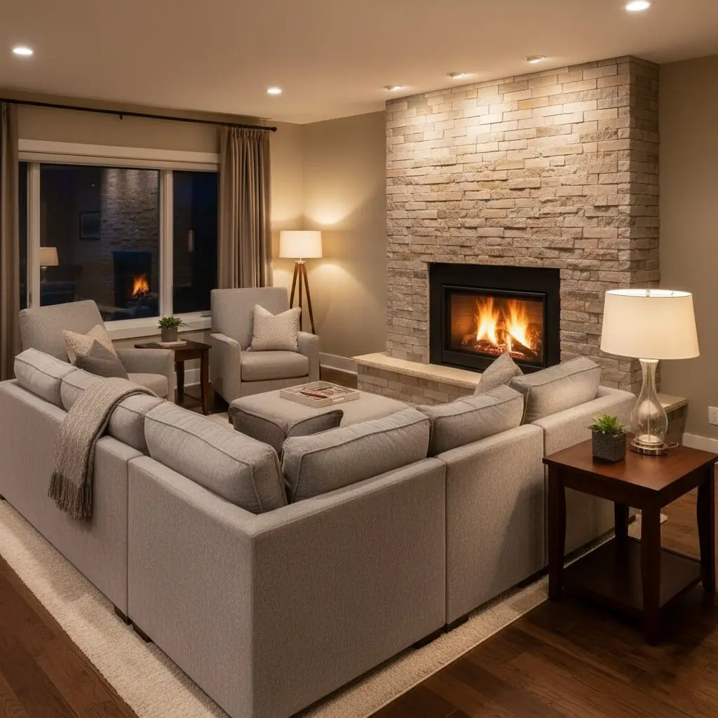 Newly installed fireplace creating warm cozy ambiance in living room