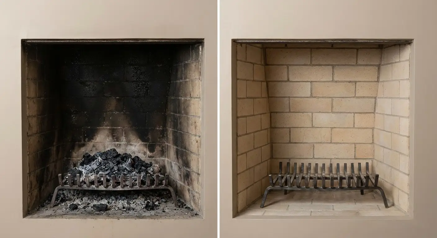Before and after fireplace interior cleaning, removed soot buildup
