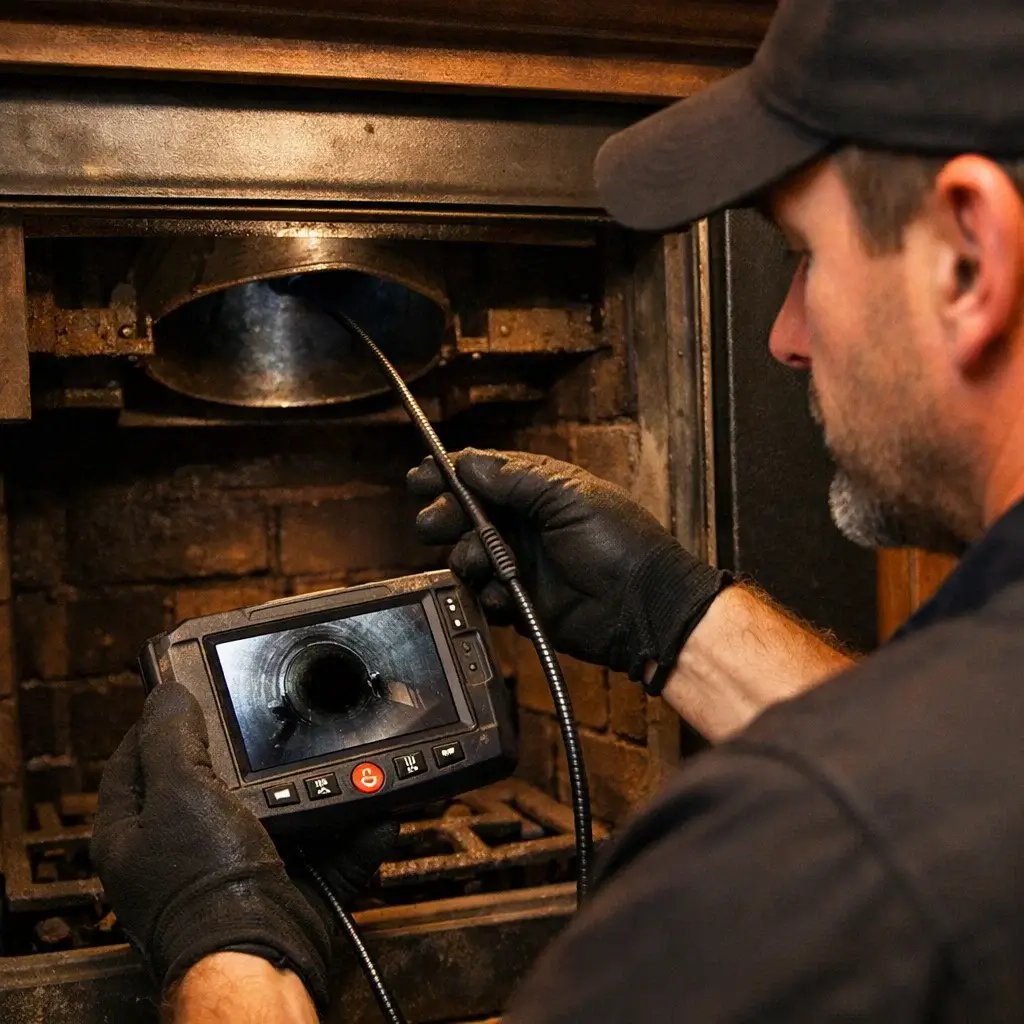 Technician inspecting fireplace flue after professional cleaning