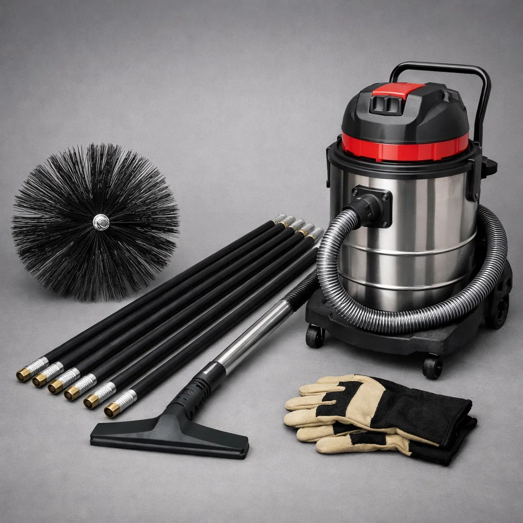 Tools used for professional fireplace cleaning including chimney brushes and vacuum