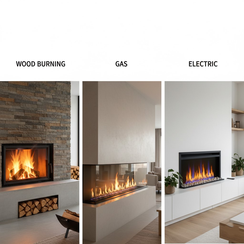 Comparison image of wood burning, gas, and electric fireplaces