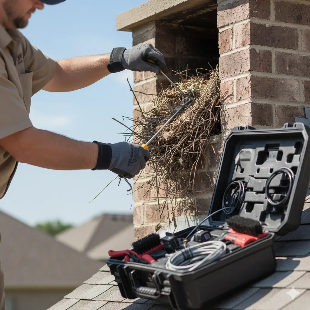 Wildlife removal specialist safely extracting bird nest from chimney in Dallas
