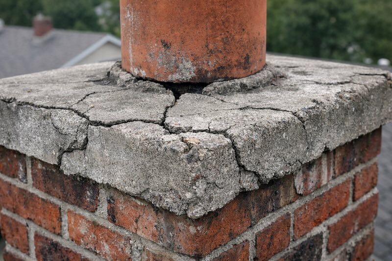 Close up of a cracked chimney crown with visible hairline fractures and weather damage on a brick chimney.
