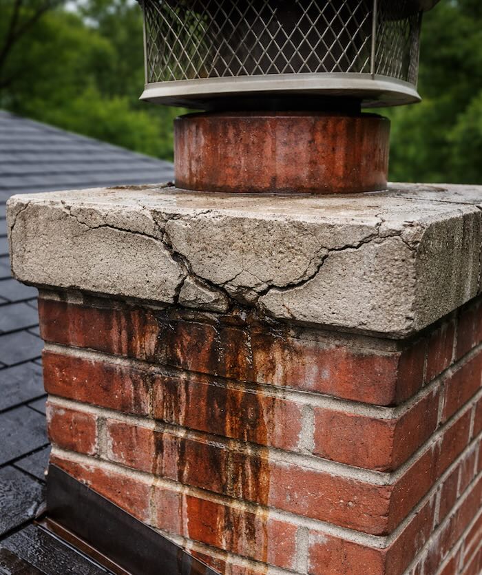 Diagram of chimney parts, cap, crown, flashing, flue liner
