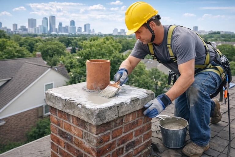 Professional chimney technician repairing a chimney crown