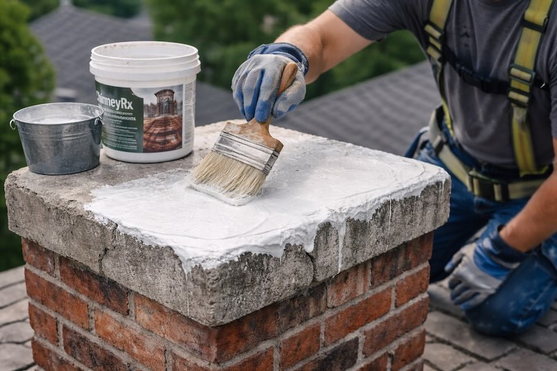 Technician applying elastomeric crown sealant with a brush on top of a masonry chimney crown.