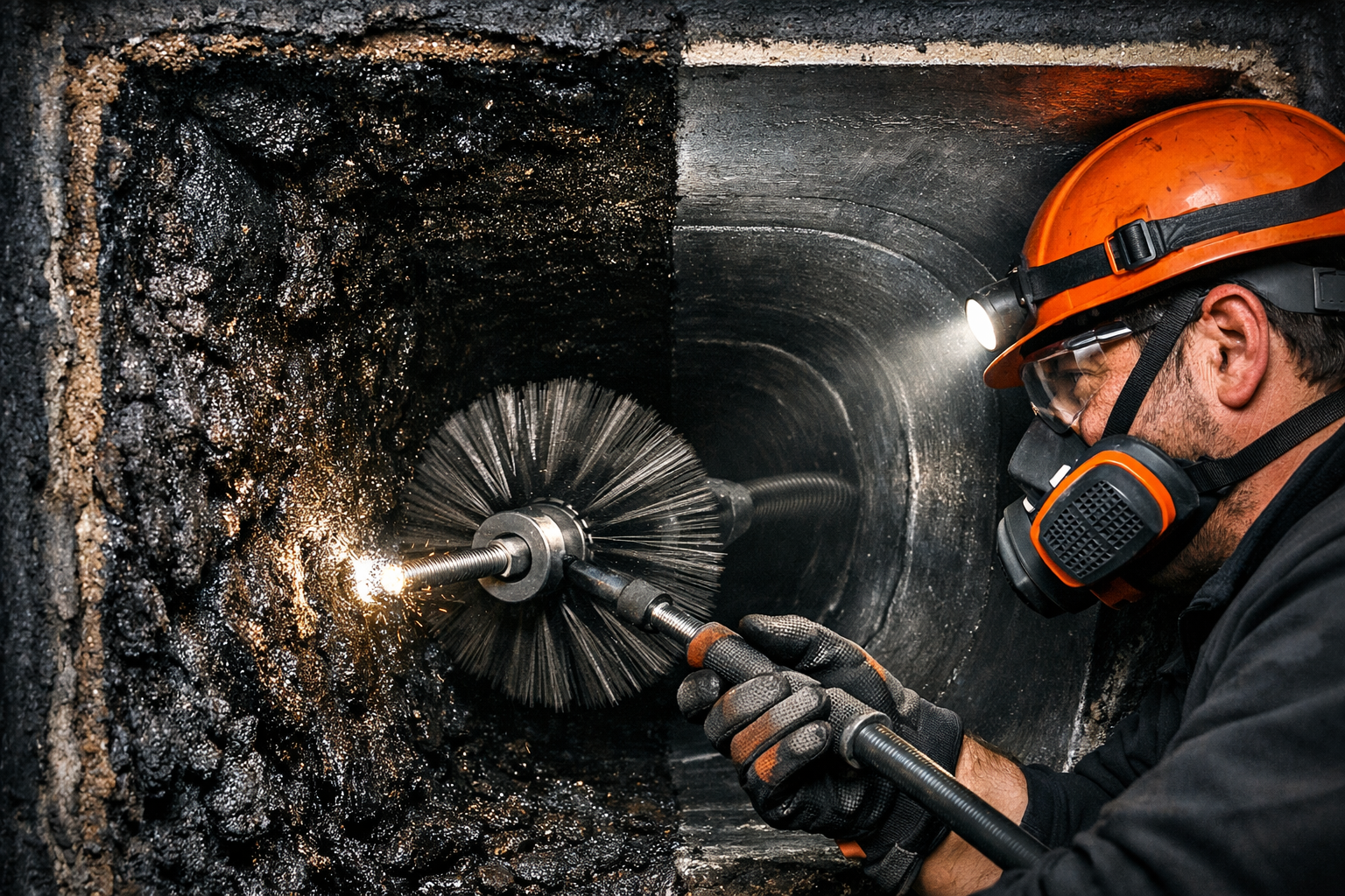 Close-up editorial photograph () of a professional chimney sweep using a specialized rotary brush system inside a dark
