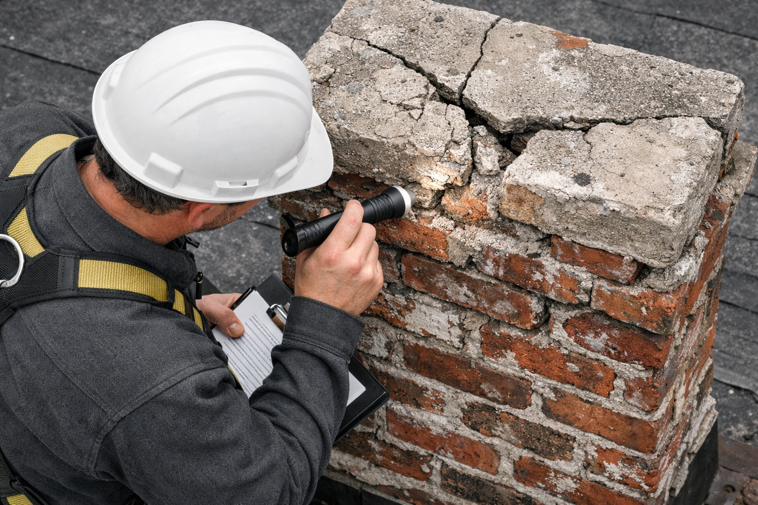 Close-up overhead perspective of a professional chimney inspector on a rooftop examining cracked chimney crown and spalling