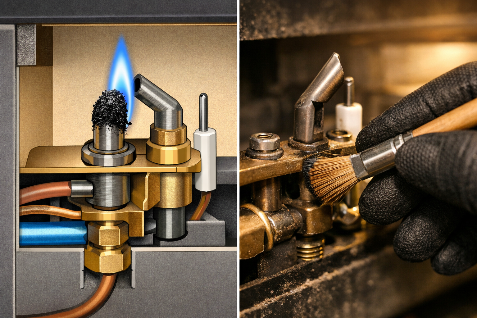 Detailed () image showing a split-view technical illustration: on the left, a cross-section diagram of a gas fireplace