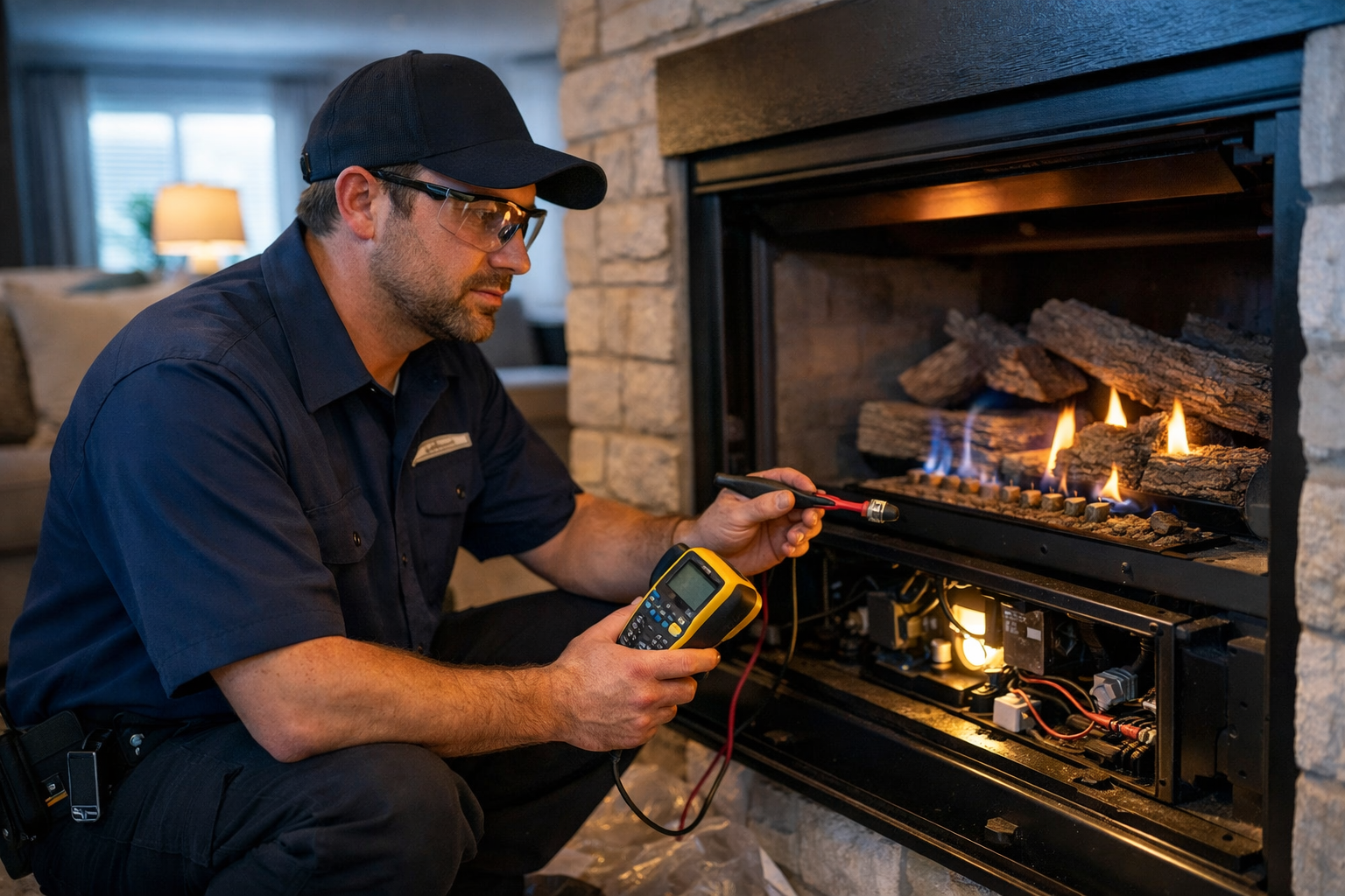 Detailed () image showing a uniformed HVAC and fireplace technician in a Dallas home kneeling beside an open gas fireplace