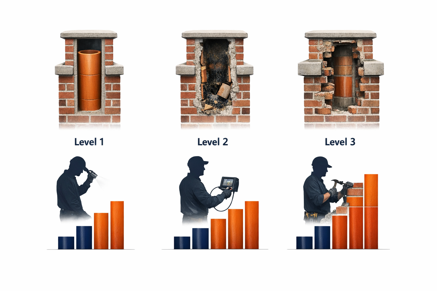 Detailed () infographic-style illustration showing a side-by-side comparison of three chimney inspection levels with visual