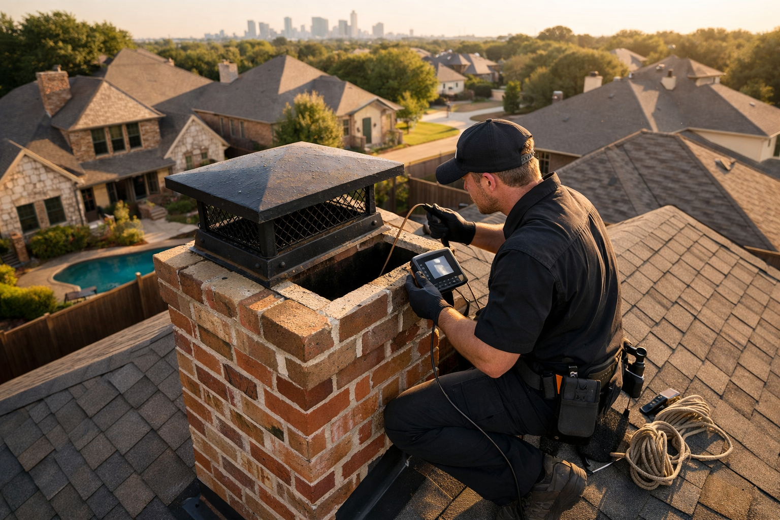 Detailed () overhead aerial-style photograph of a chimney sweep technician on a residential rooftop in a Dallas
