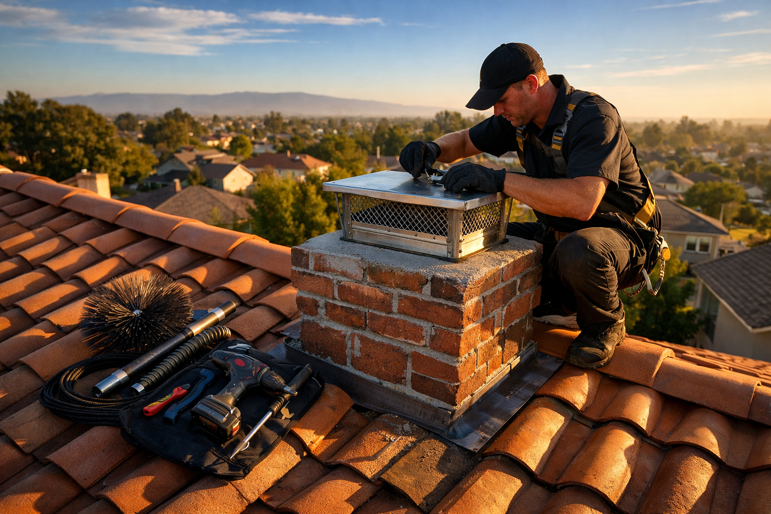 Detailed () wide-angle overhead shot of a chimney sweep technician on a residential rooftop in a suburban American