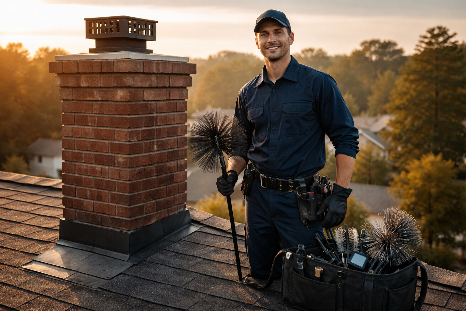 Professional () editorial hero image showing a certified chimney sweep technician in dark navy work uniform standing on a