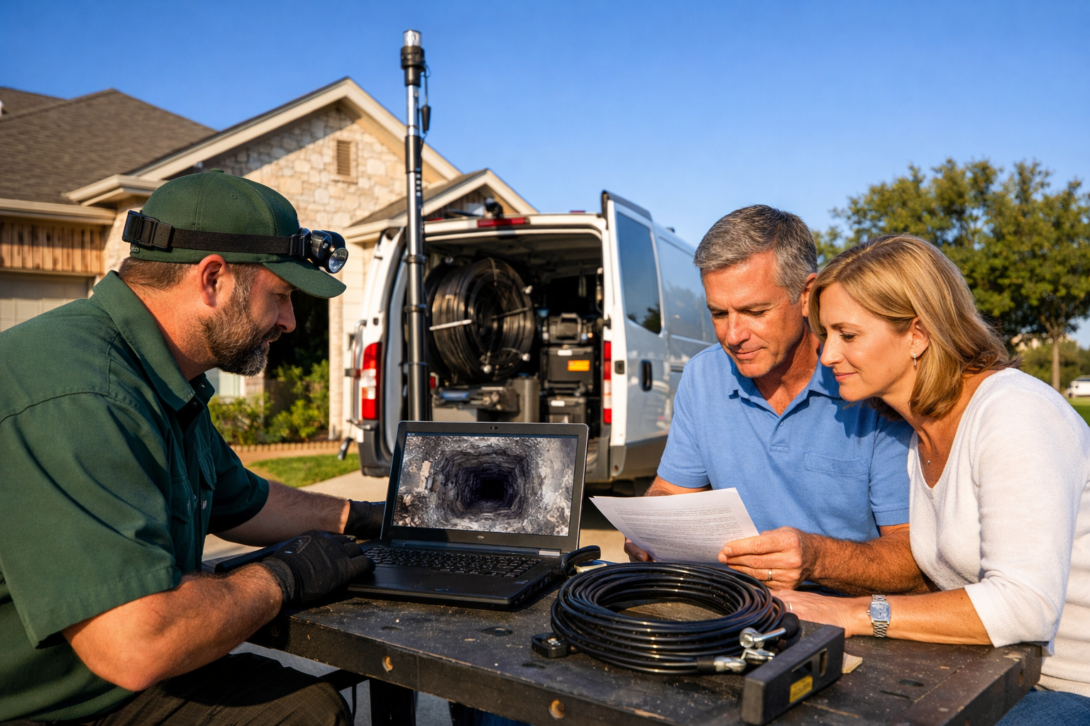 Wide-angle editorial photograph () of a CSIA-certified chimney professional conducting a Level 2 video inspection on a