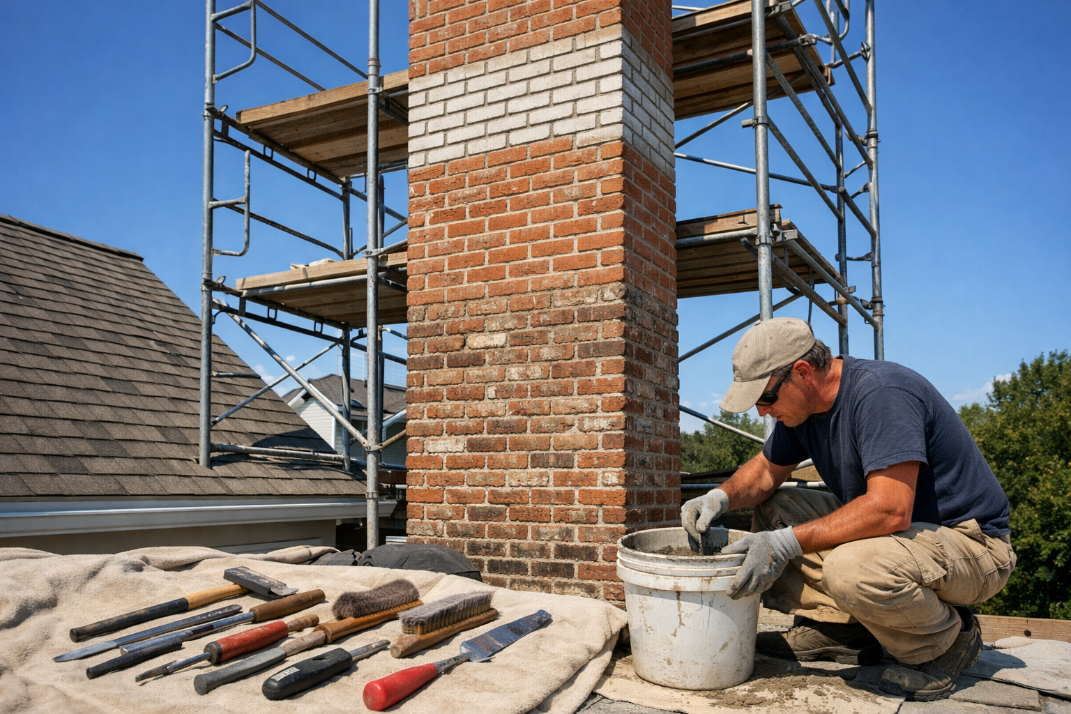 Wide-angle view of a masonry contractor mixing mortar in a bucket beside scaffolding erected along a tall brick chimney on a