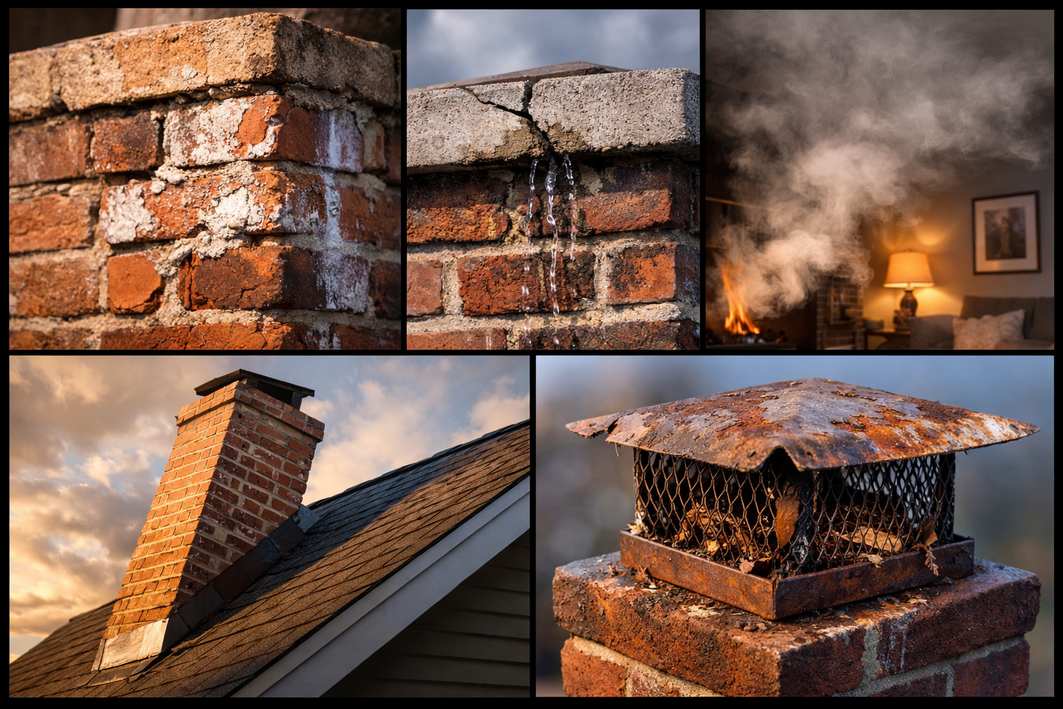 () detailed split-scene illustration showing five distinct chimney warning signs arranged in a visual diagnostic grid: