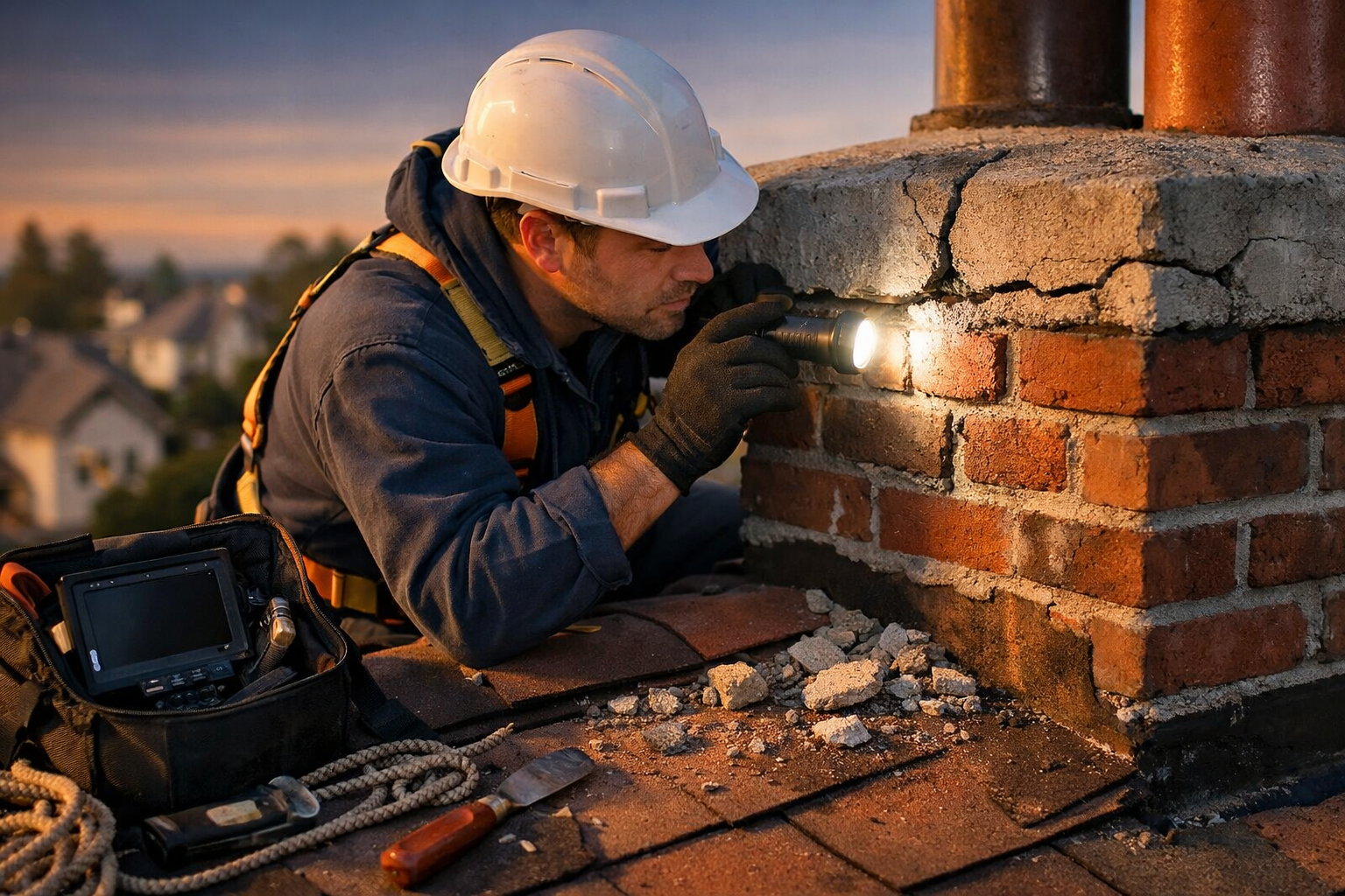 () showing a certified chimney technician in safety gear on a residential rooftop conducting an emergency inspection at