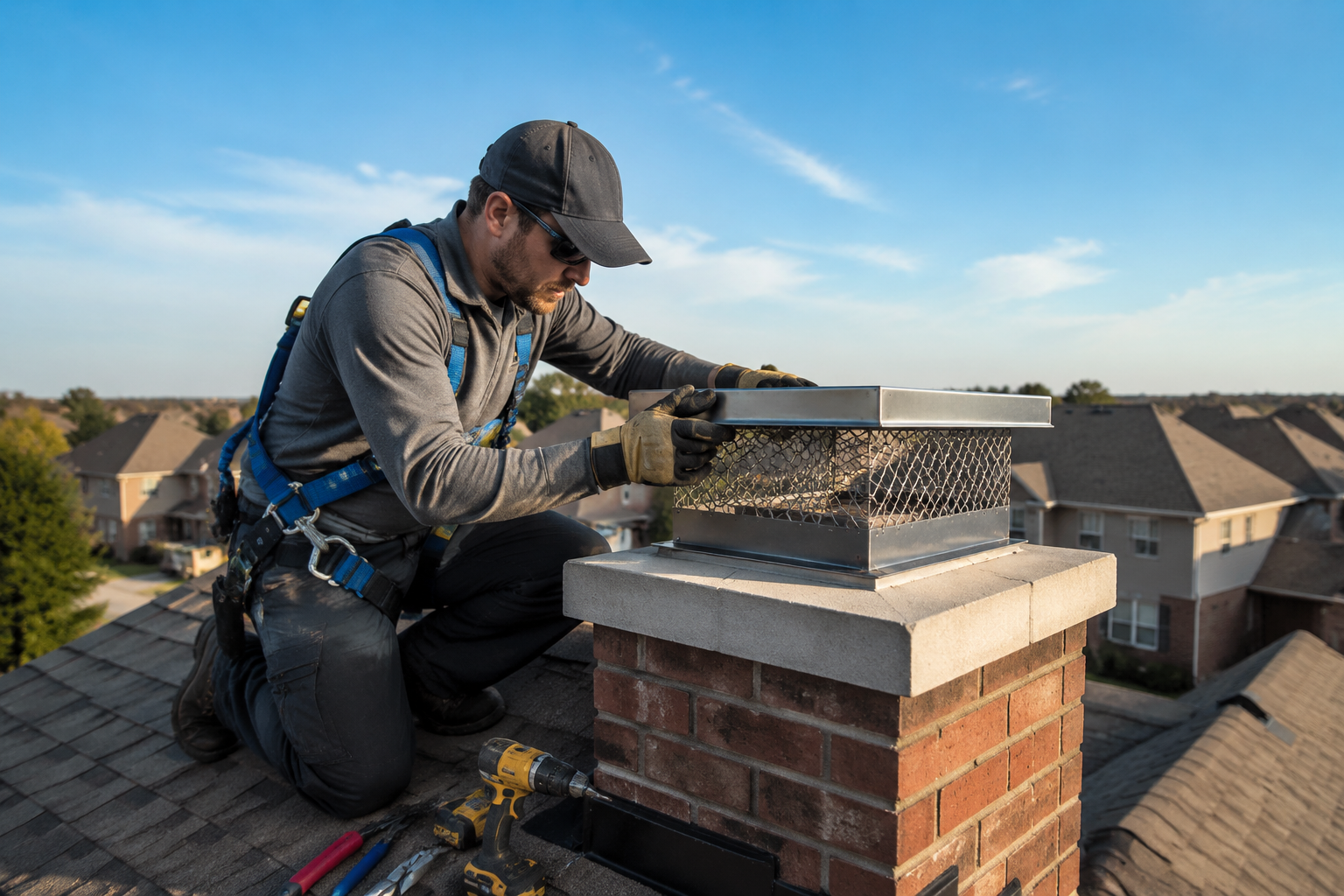 Detailed () editorial photograph showing a licensed wildlife removal professional in safety gear and gloves carefully