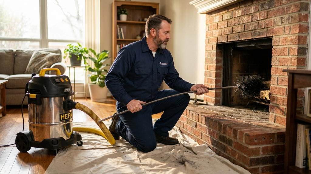 CSIA-certified technician performing a chimney sweep on a brick fireplace in a Fort Worth, TX home