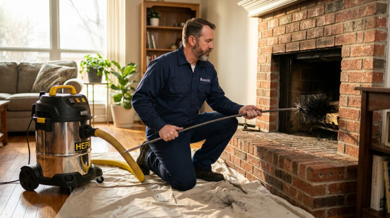 CSIA-certified technician performing a chimney sweep on a brick fireplace in a Fort Worth, TX home