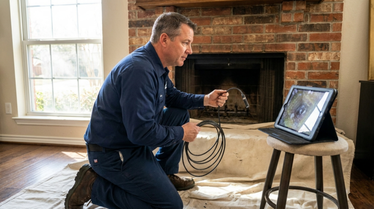 CSIA-certified technician performing a chimney inspection with a camera in a Fort Worth, TX home
