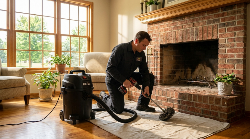 Chimney sweep technician cleaning a fireplace in an Arlington, TX home during summer