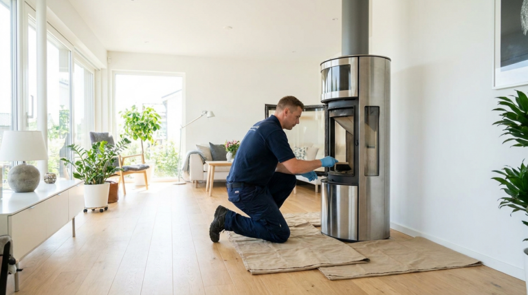 Chimney technician servicing a factory-built fireplace in a newer Frisco, TX home
