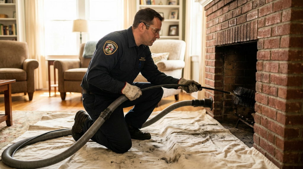 CSIA-certified technician performing a chimney sweep in Denton, TX at a residential brick fireplace