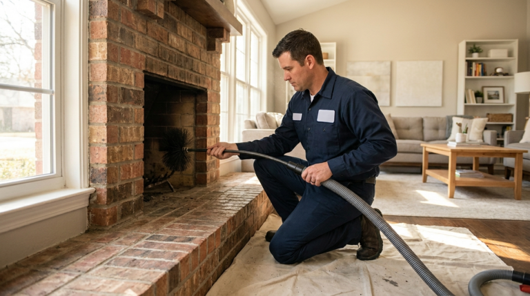 CSIA-certified technician performing a chimney cleaning in Plano, TX
