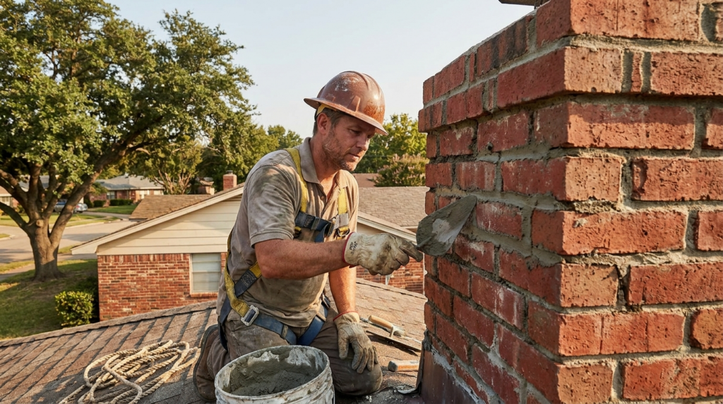 CSIA-certified technician performing chimney repair in Irving, TX on an older brick chimney