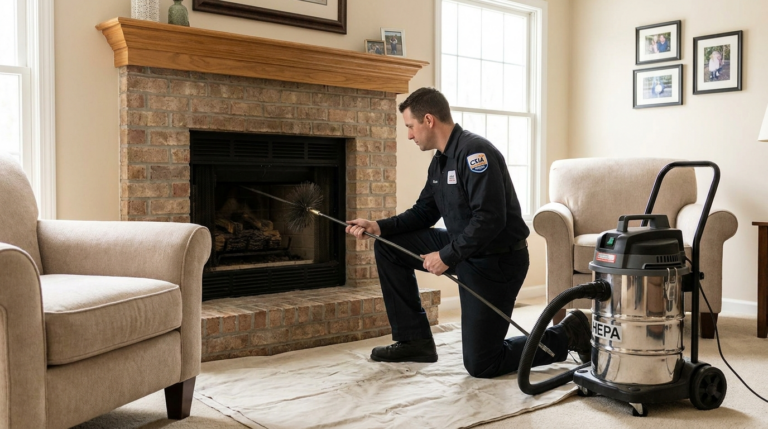 CSIA-certified technician performing a chimney sweep in McKinney, TX at a residential brick fireplace