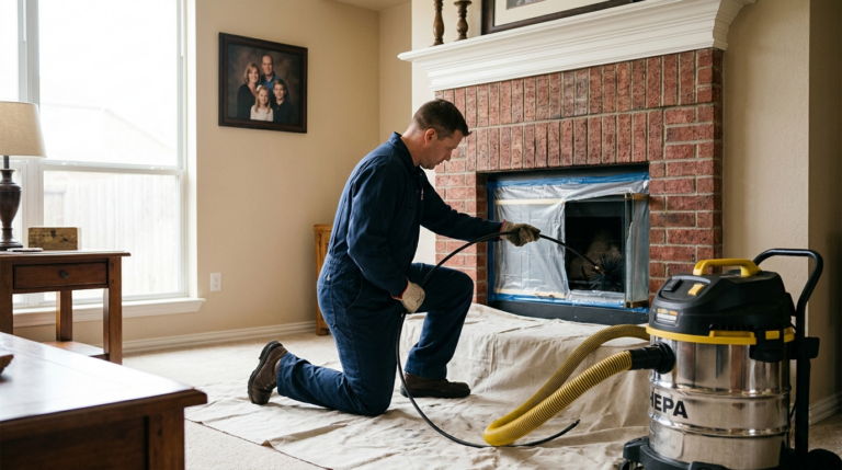 CSIA-certified technician performing a chimney sweep in Flower Mound, TX with drop cloths and a HEPA vacuum