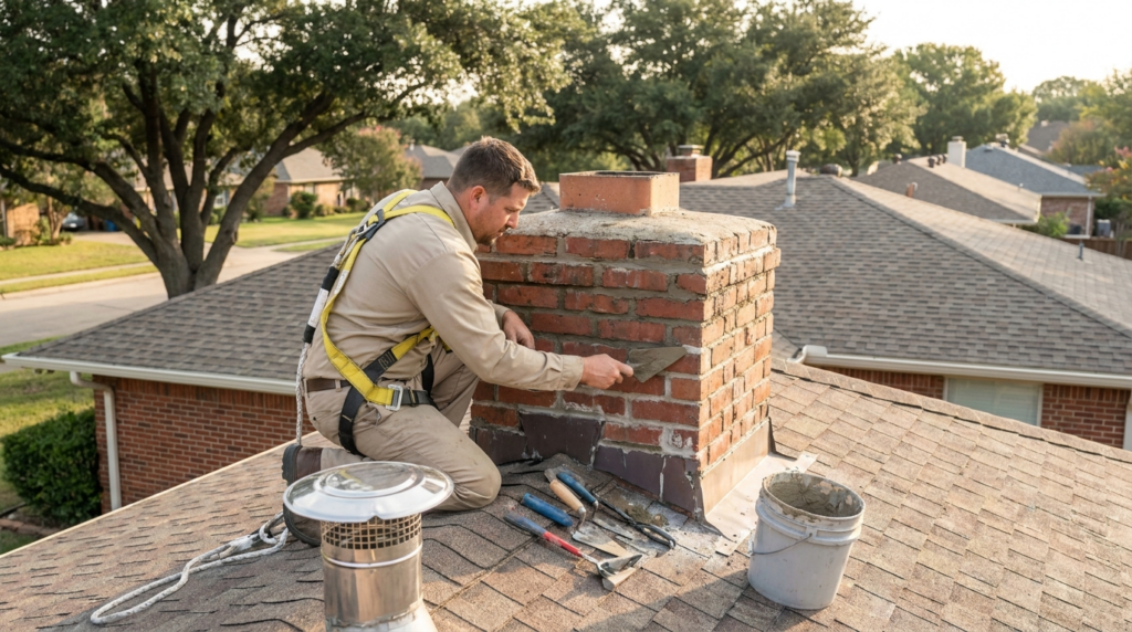 CSIA-certified technician performing chimney repair on a brick chimney at a Richardson, TX home