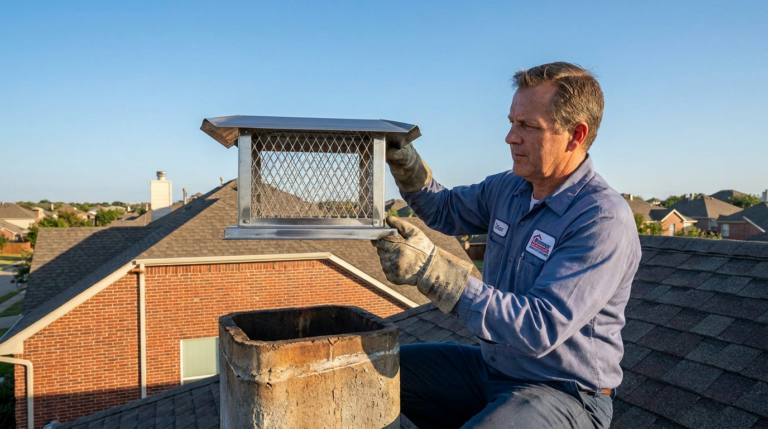 Technician installing a chimney spark arrestor cap on a brick chimney in the DFW area