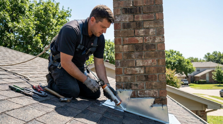 Chimney flashing repair on a brick chimney and shingle roof in the DFW area, Dallas Texas